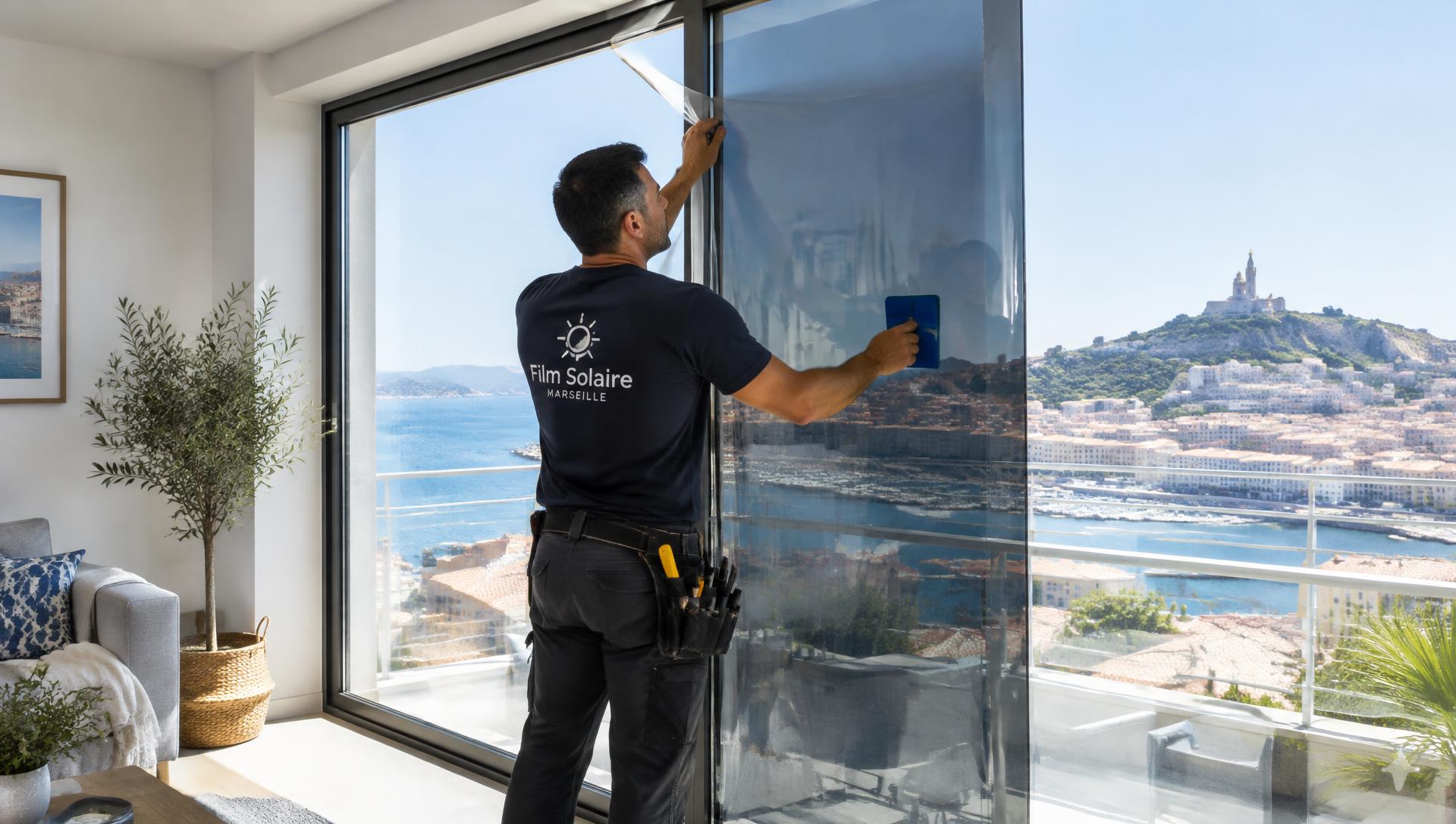Pose de film solaire à Marseille par un technicien Vitrasol